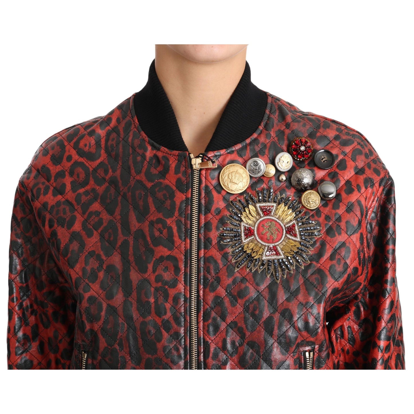 Red Leopard Button Crystal Leather Jacket