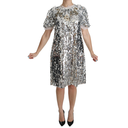 Silver Sequined Crystal Shift Gown Dress