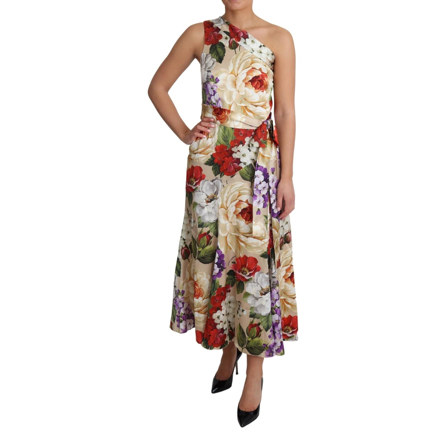 Print Silk Stretch One Shoulder Dress Floral