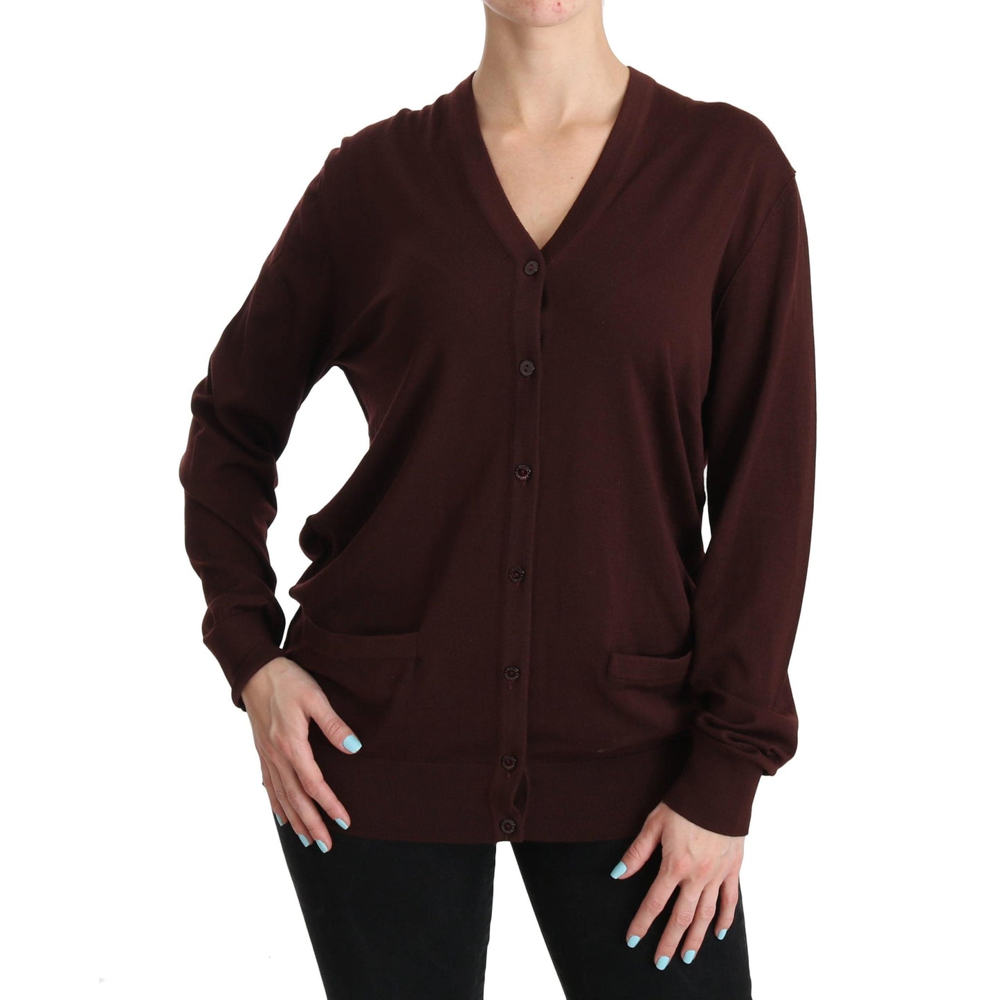 Maroon V-neck Cardigan Top Virgin Wool Sweater