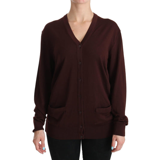 Maroon V-neck Cardigan Top Virgin Wool Sweater