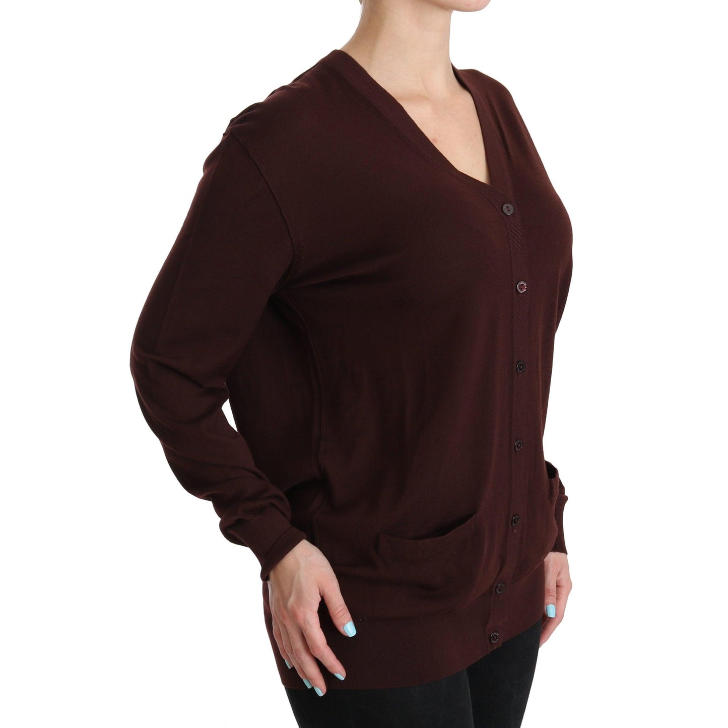 Maroon V-neck Cardigan Top Virgin Wool Sweater