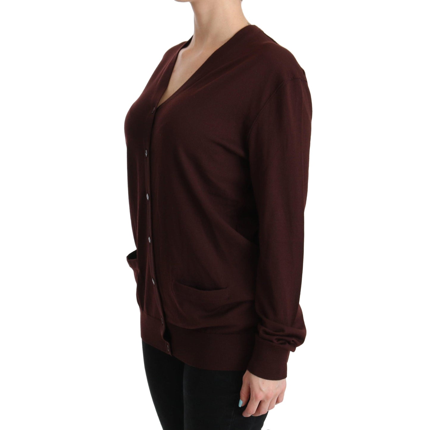 Maroon V-neck Cardigan Top Virgin Wool Sweater
