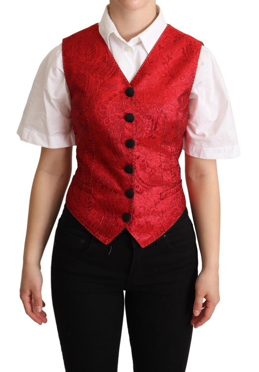 Red Brocade Leopard Print Waistcoat Vest