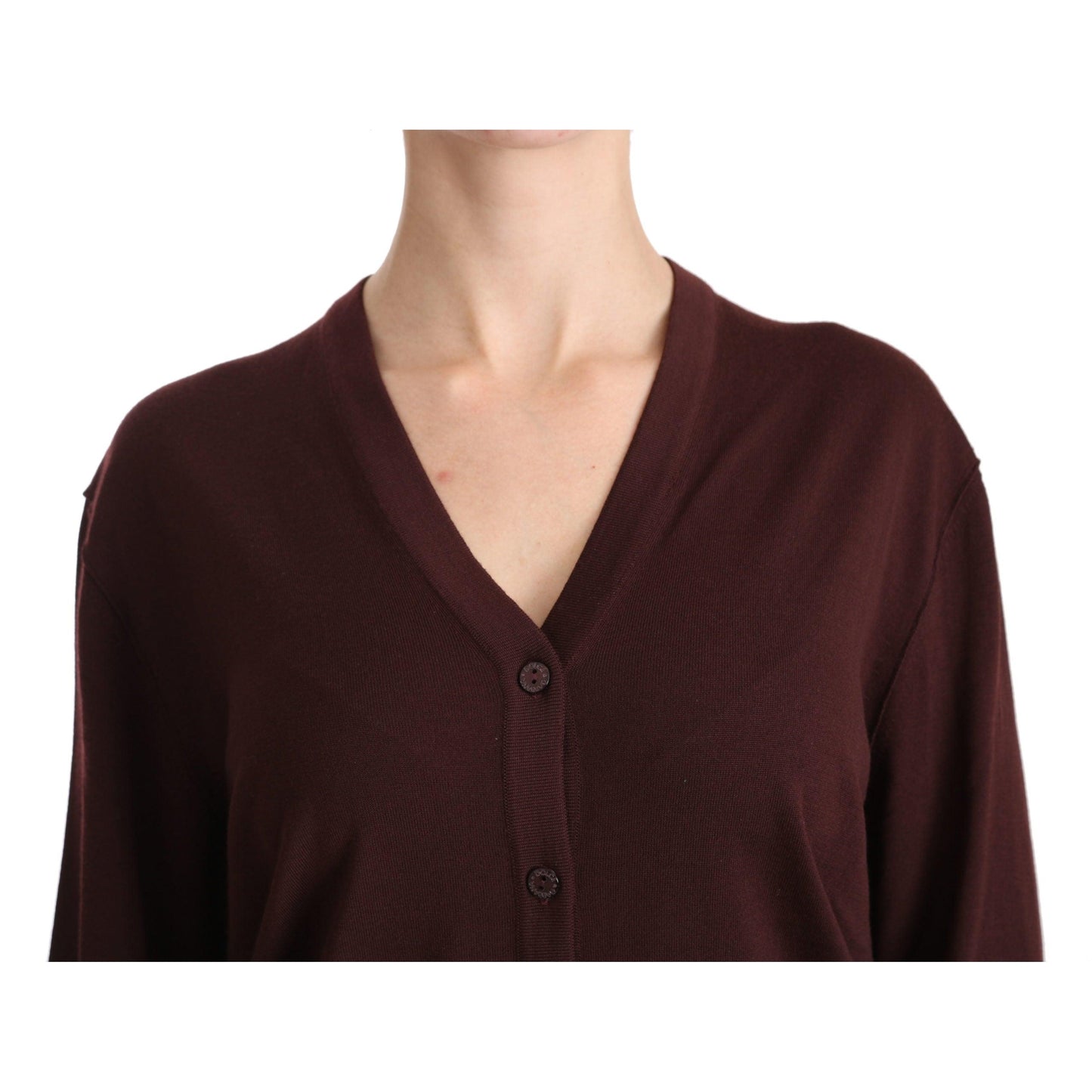 Maroon V-neck Cardigan Top Virgin Wool Sweater
