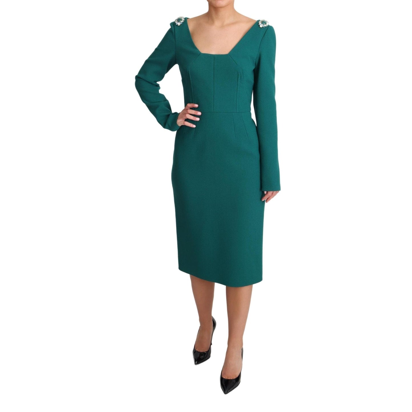 Green Crystals Long Sleeves Sheath Dress