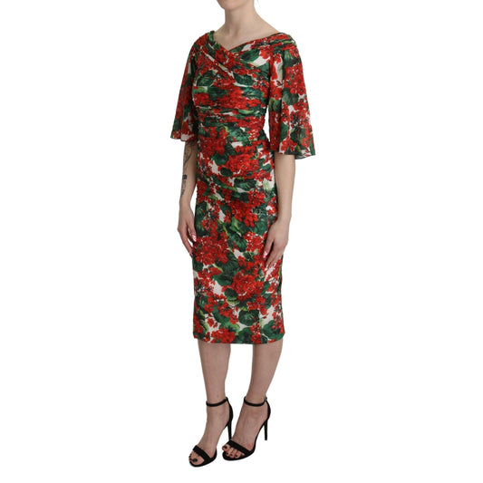 Red Floral Sheath Midi Silk Stretch Dress