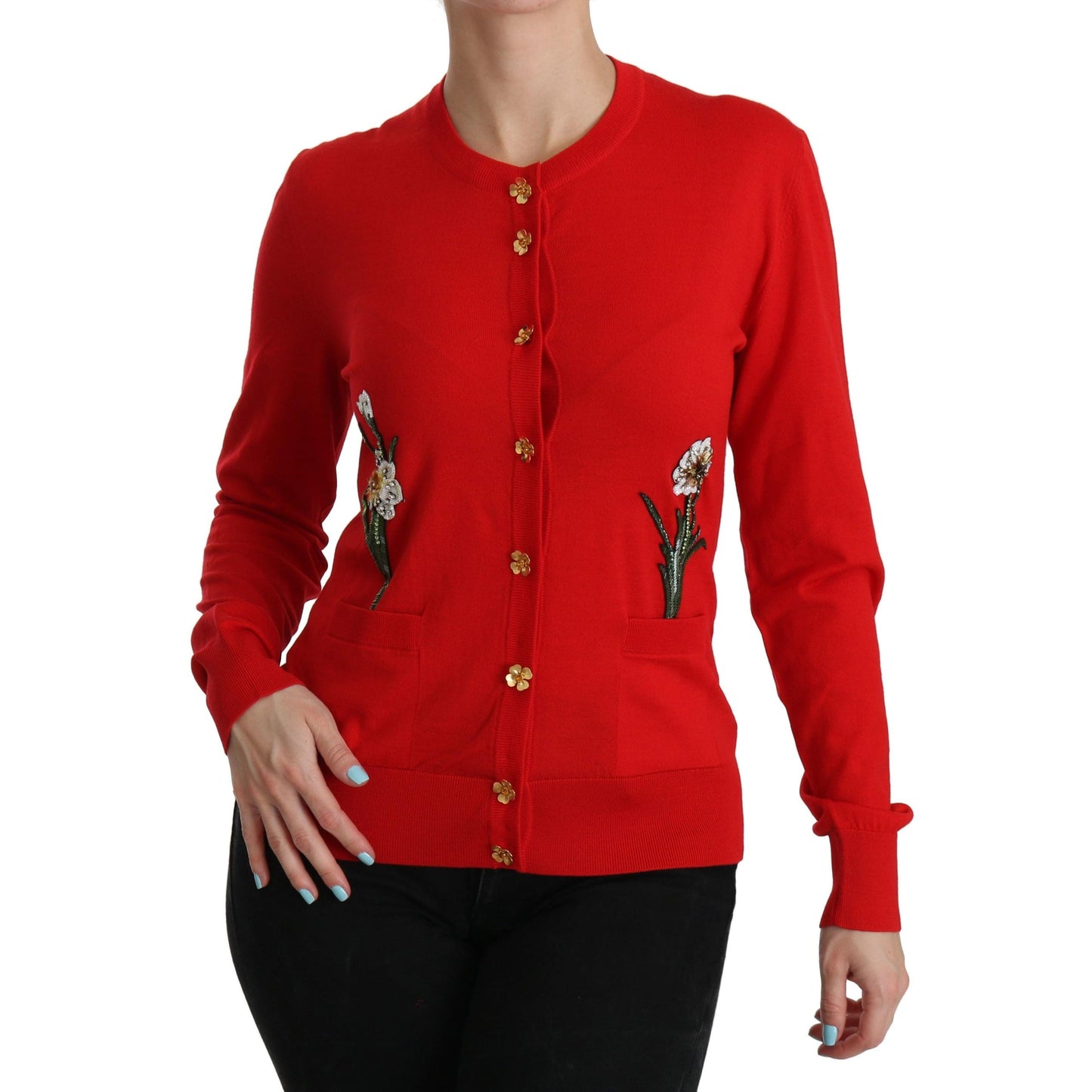 Red Wool Crystal Floral Cardigan Sweater