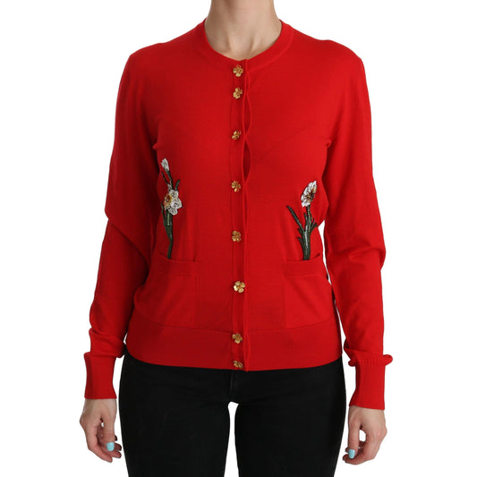 Red Wool Crystal Floral Cardigan Sweater