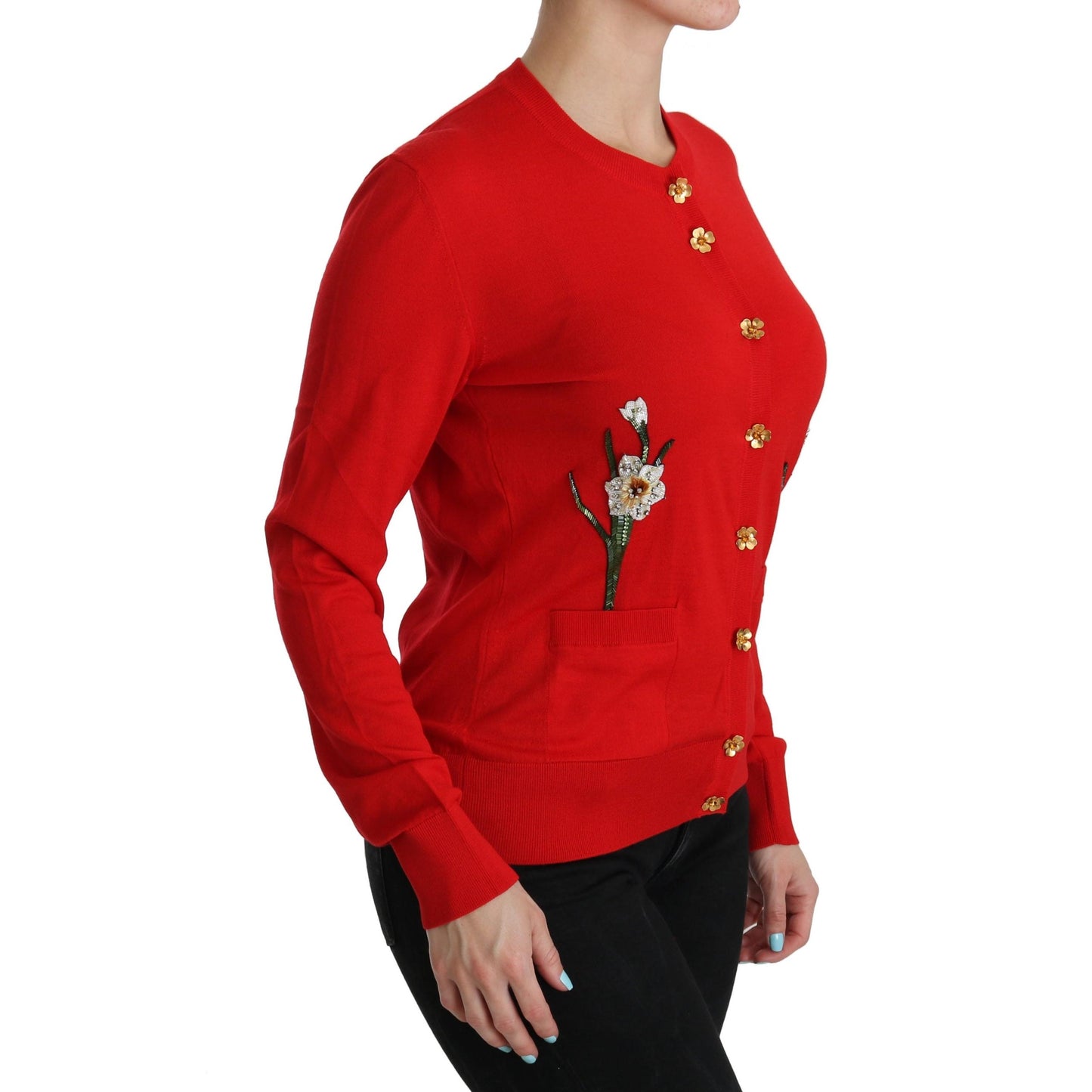 Red Wool Crystal Floral Cardigan Sweater