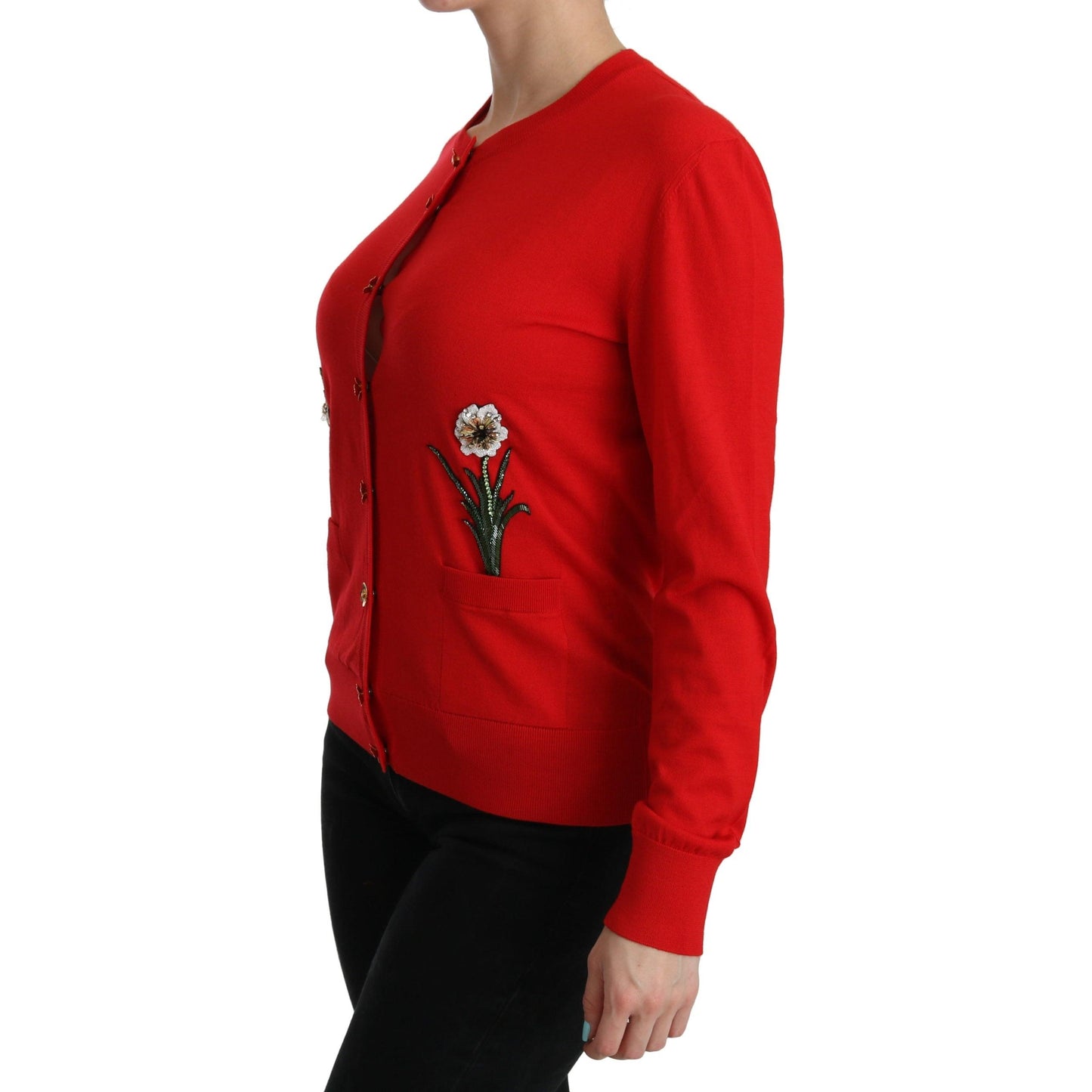Red Wool Crystal Floral Cardigan Sweater