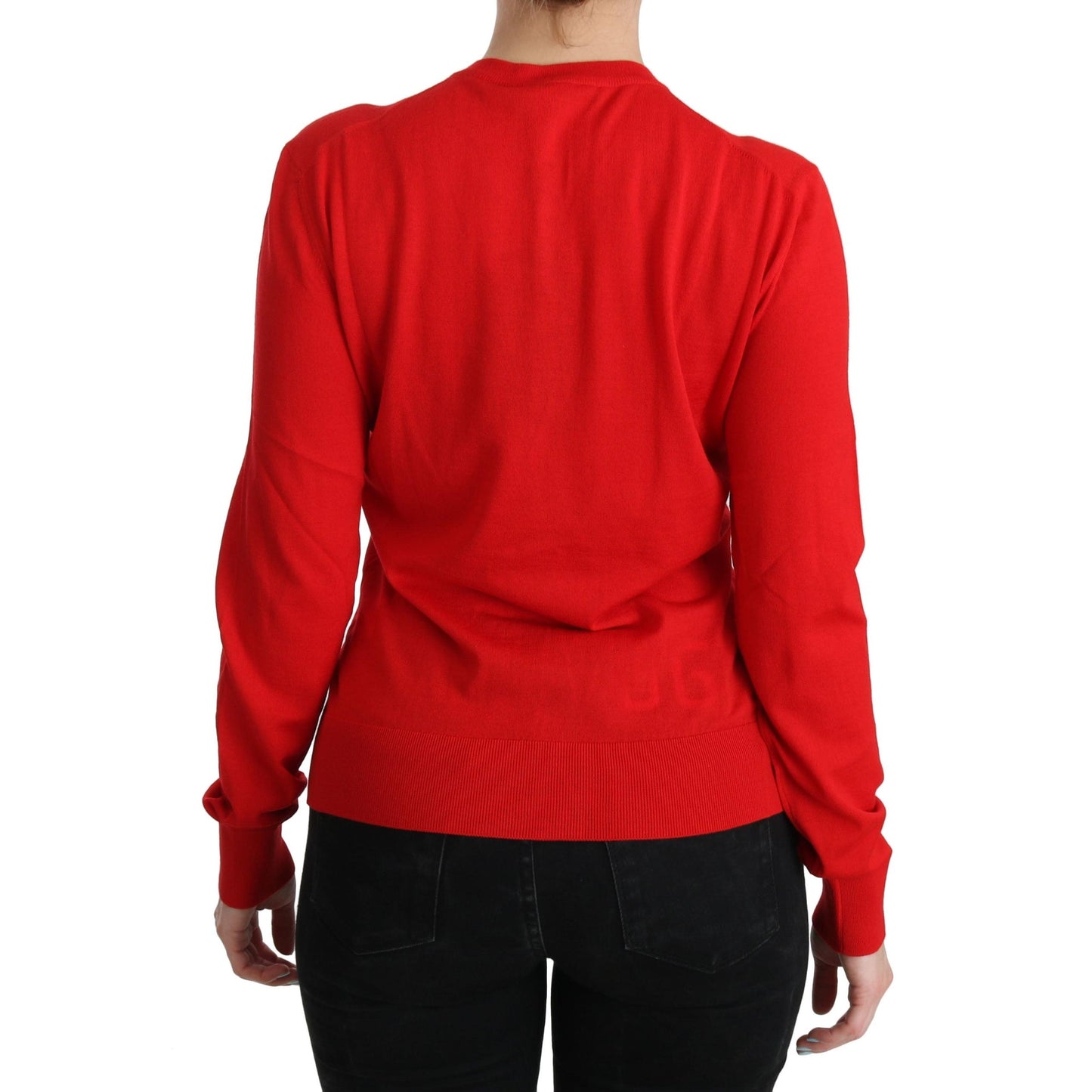 Red Wool Crystal Floral Cardigan Sweater