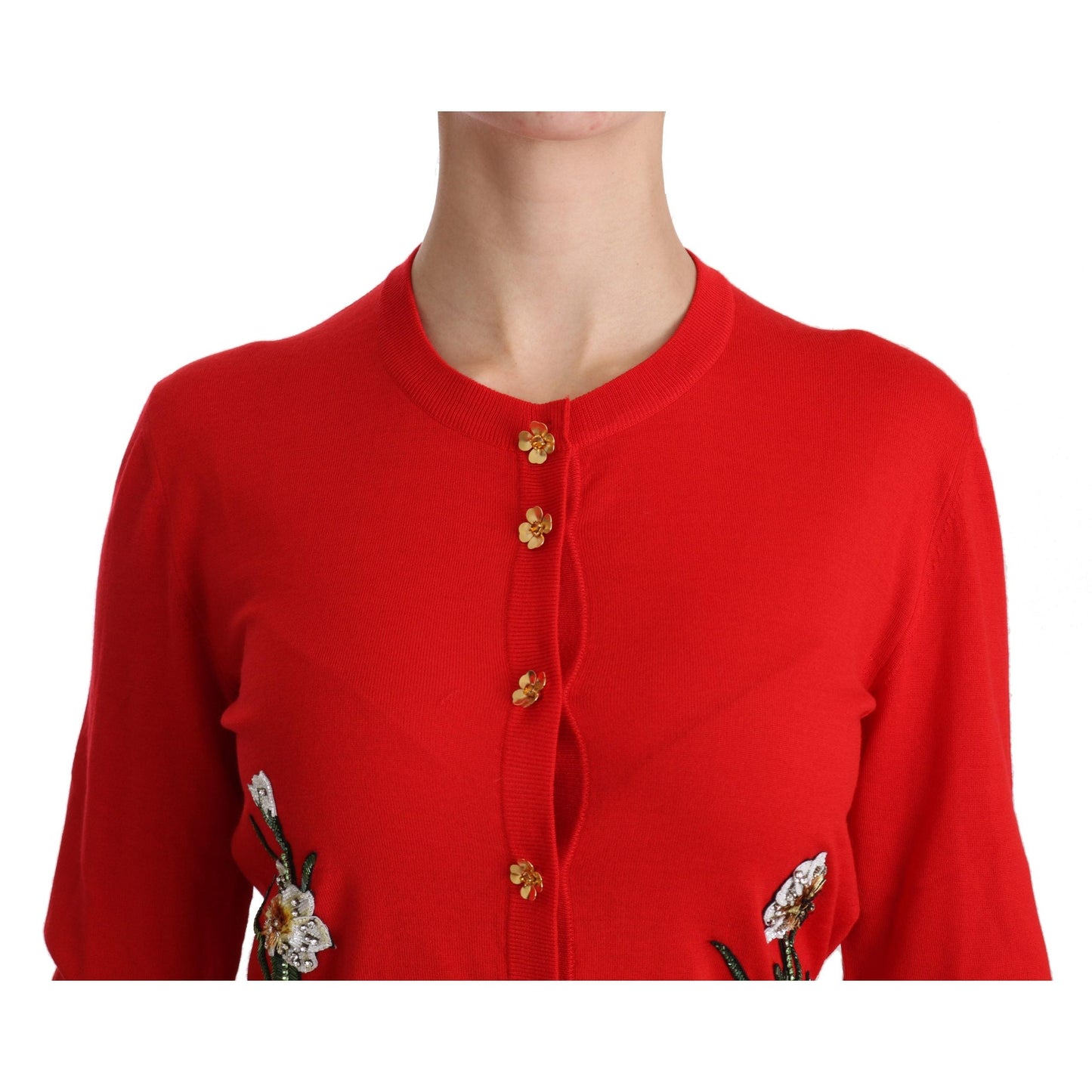 Red Wool Crystal Floral Cardigan Sweater