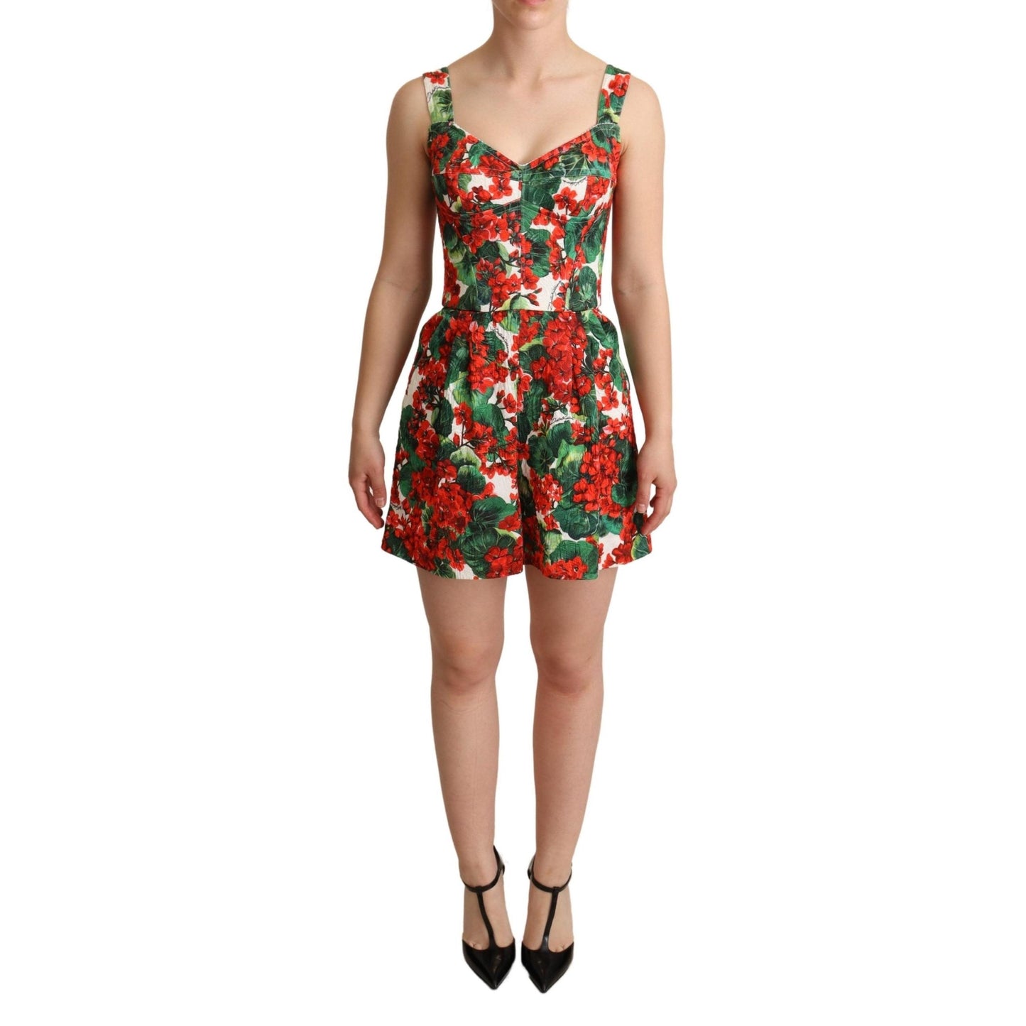 Red Geranium Print Shorts Jumpsuit Dress