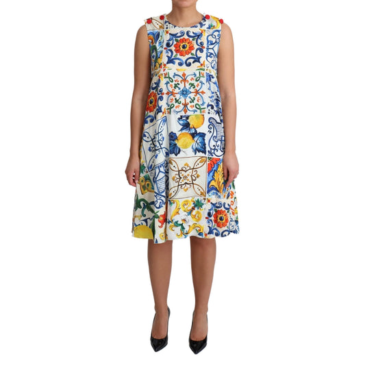 White Majolica Print Sleeveless  Dress