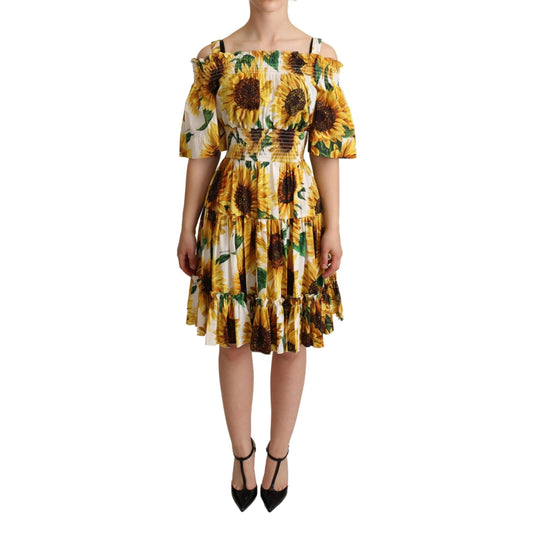 Yellow Sunflowers Print Open Shoulder Dress