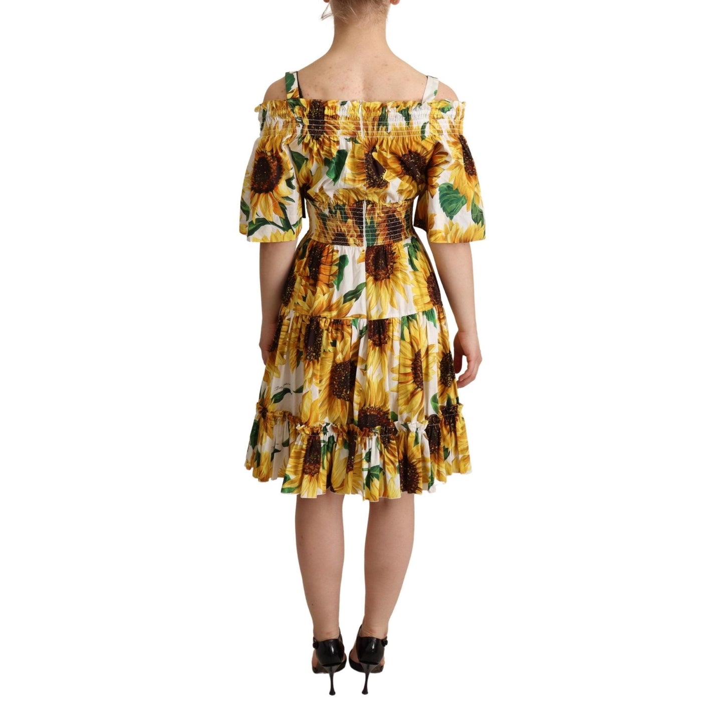 Yellow Sunflowers Print Open Shoulder Dress