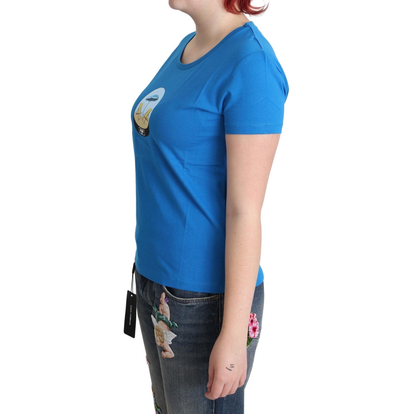 Blue Printed Cotton Short Sleeves Tops T-shirt