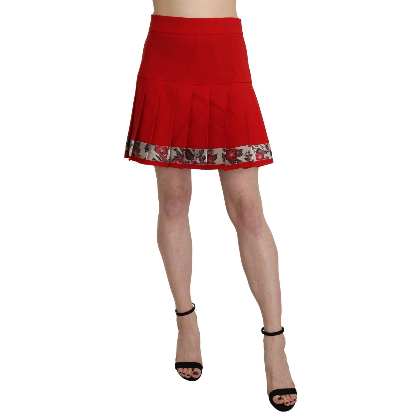 Red High Waist Wool Short Floral Print Skirt