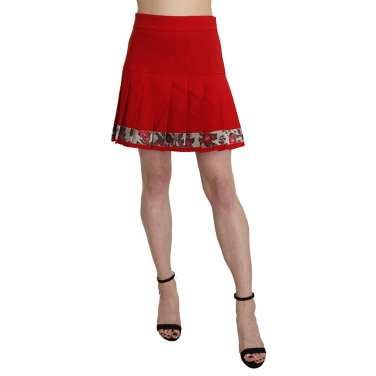 Red High Waist Wool Short Floral Print Skirt