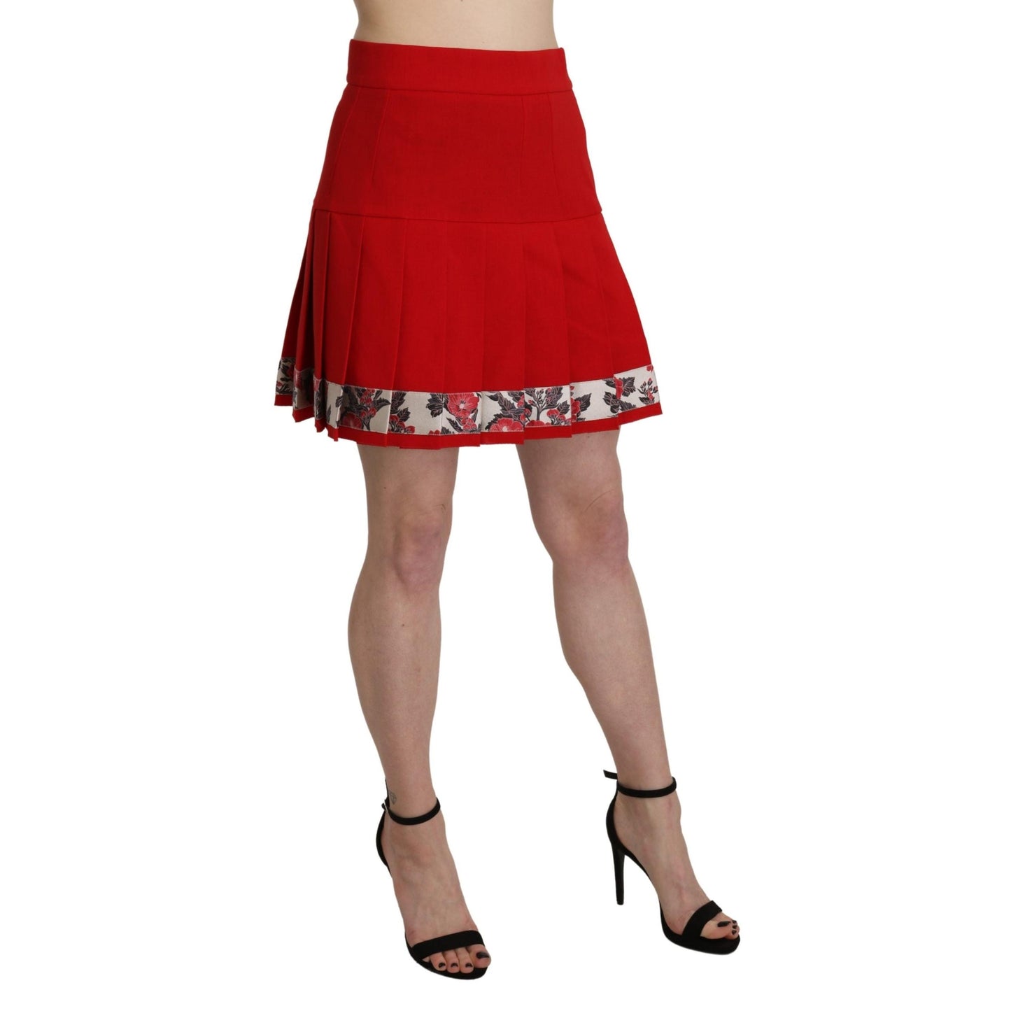 Red High Waist Wool Short Floral Print Skirt
