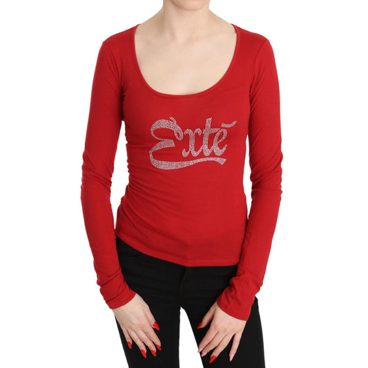 Red Exte Crystal Embellished Long Sleeve Top Blouse