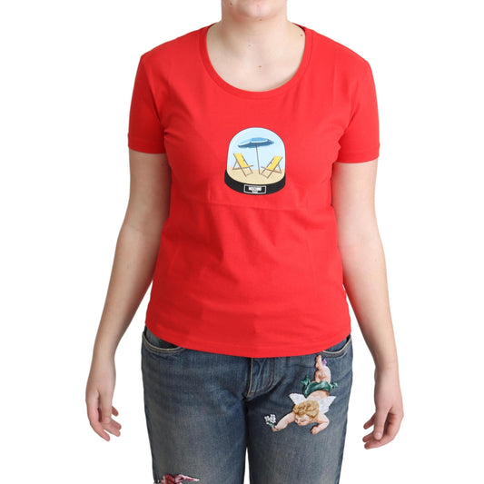 Red Printed Cotton Short Sleeves Tops Blouse T-shirt