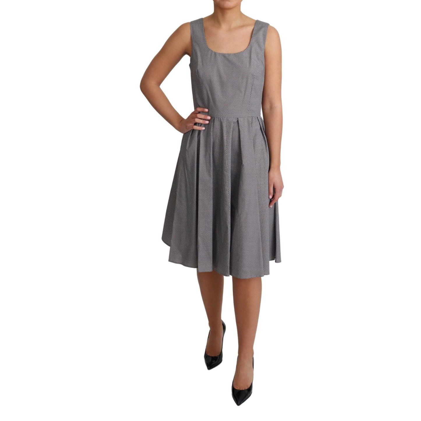 Blue Beige Geometric Cotton A-Line Dress