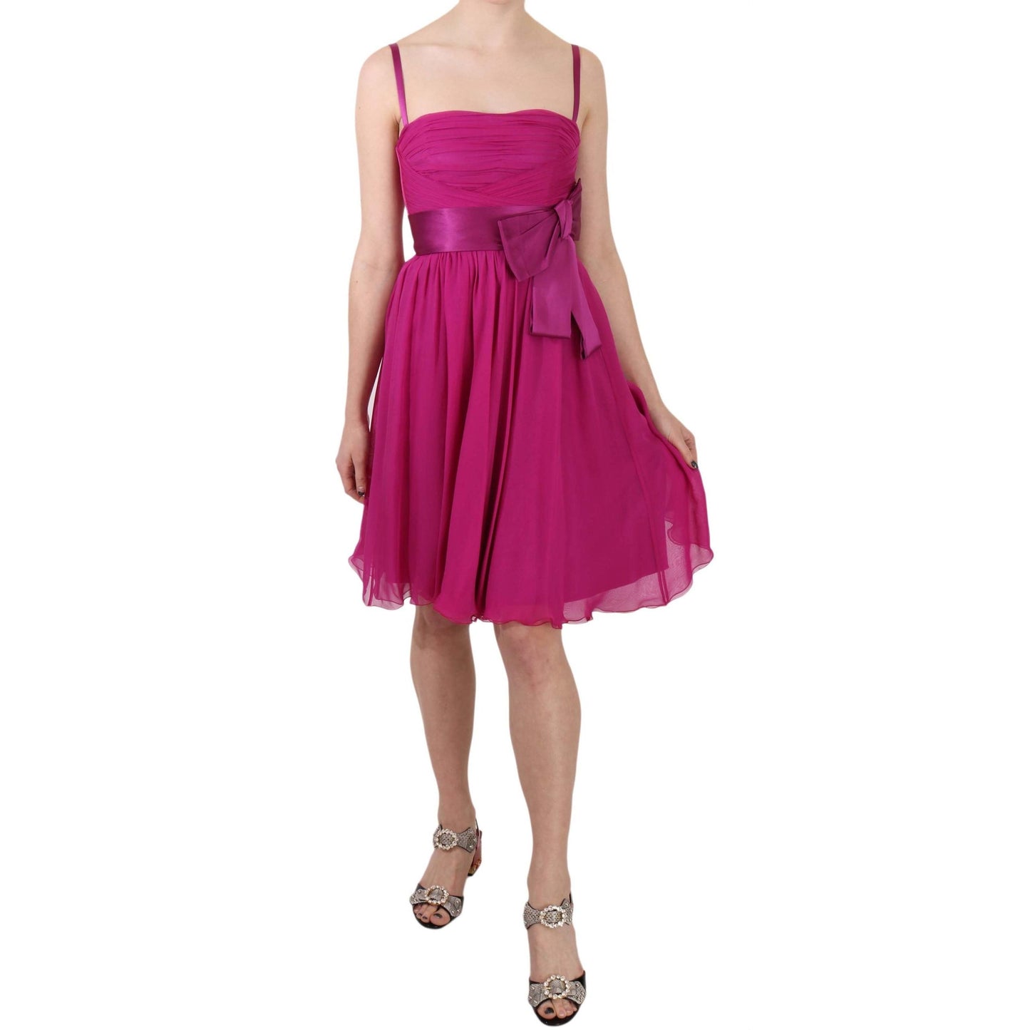 Fuchsia Pink Bow Silk Sleeveless Dress