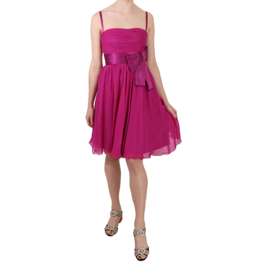 Fuchsia Pink Bow Silk Sleeveless Dress