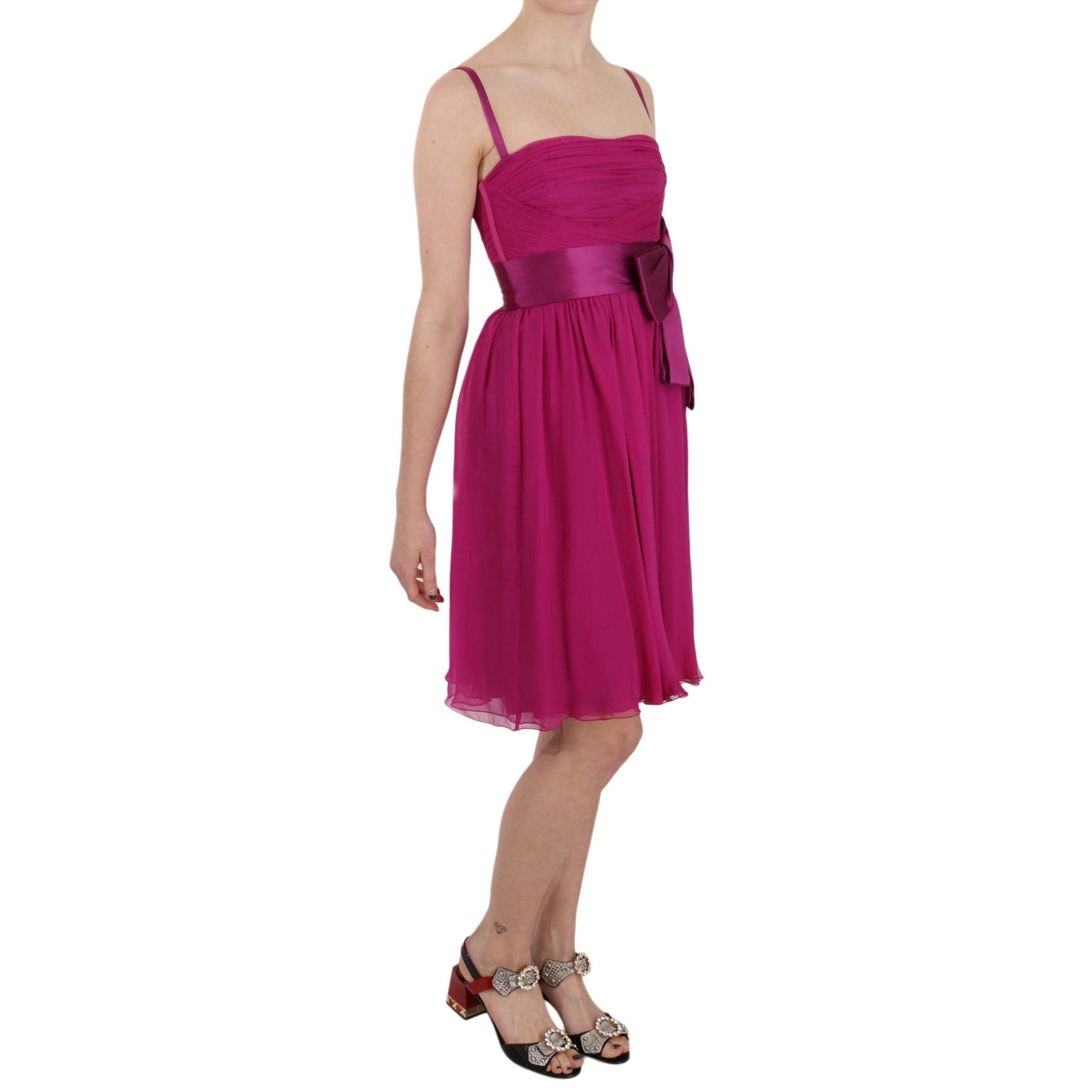Fuchsia Pink Bow Silk Sleeveless Dress