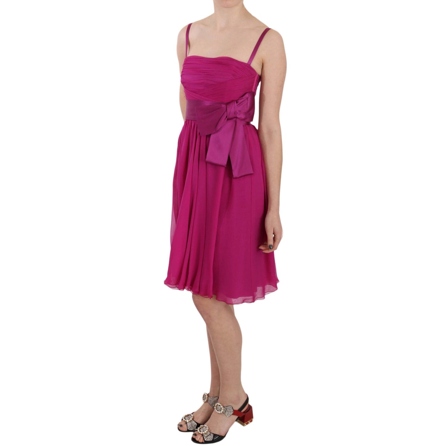 Fuchsia Pink Bow Silk Sleeveless Dress