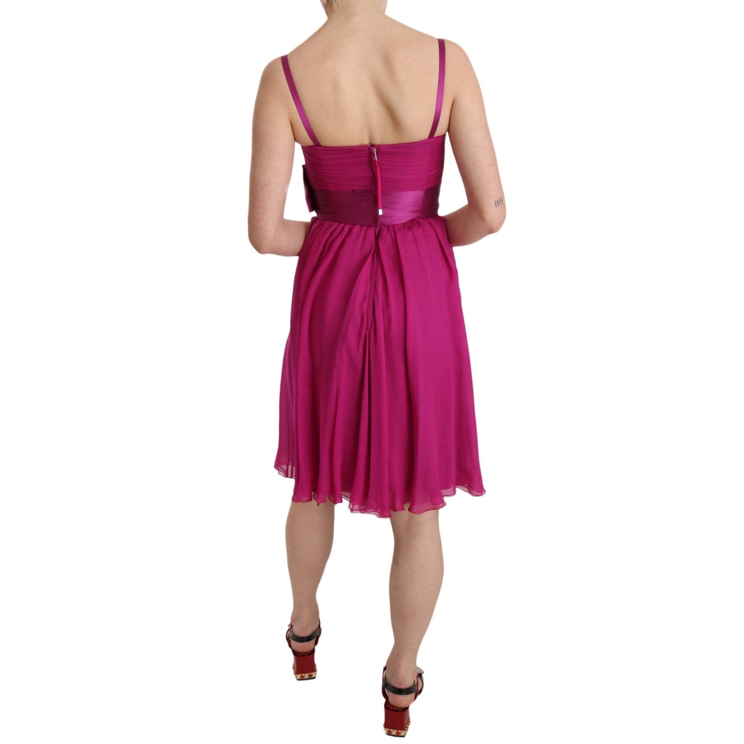 Fuchsia Pink Bow Silk Sleeveless Dress