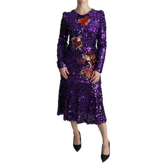 Purple Sequined Mermaid Midi Embellished Dress