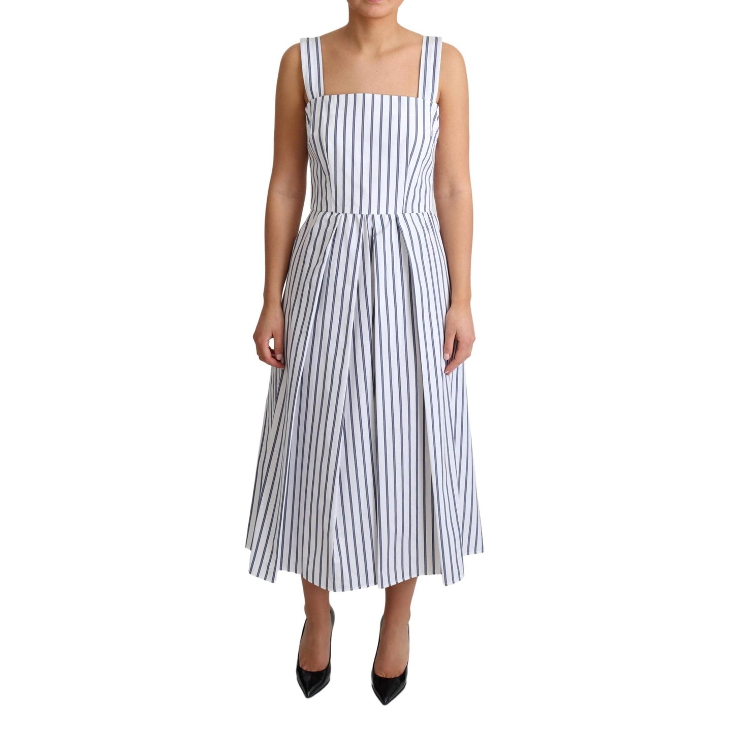 White Blue Striped Cotton A-Line Dress