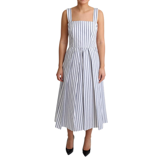 White Blue Striped Cotton A-Line Dress