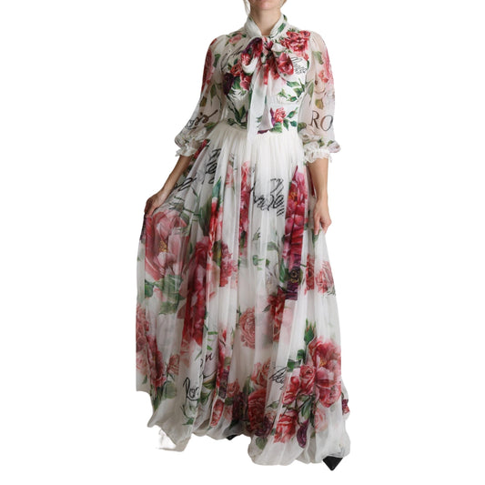 White Floral Rose Silk Print Floor Length Dress