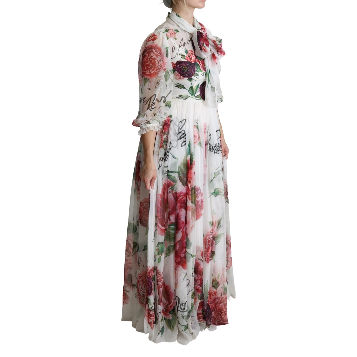 White Floral Rose Silk Print Floor Length Dress