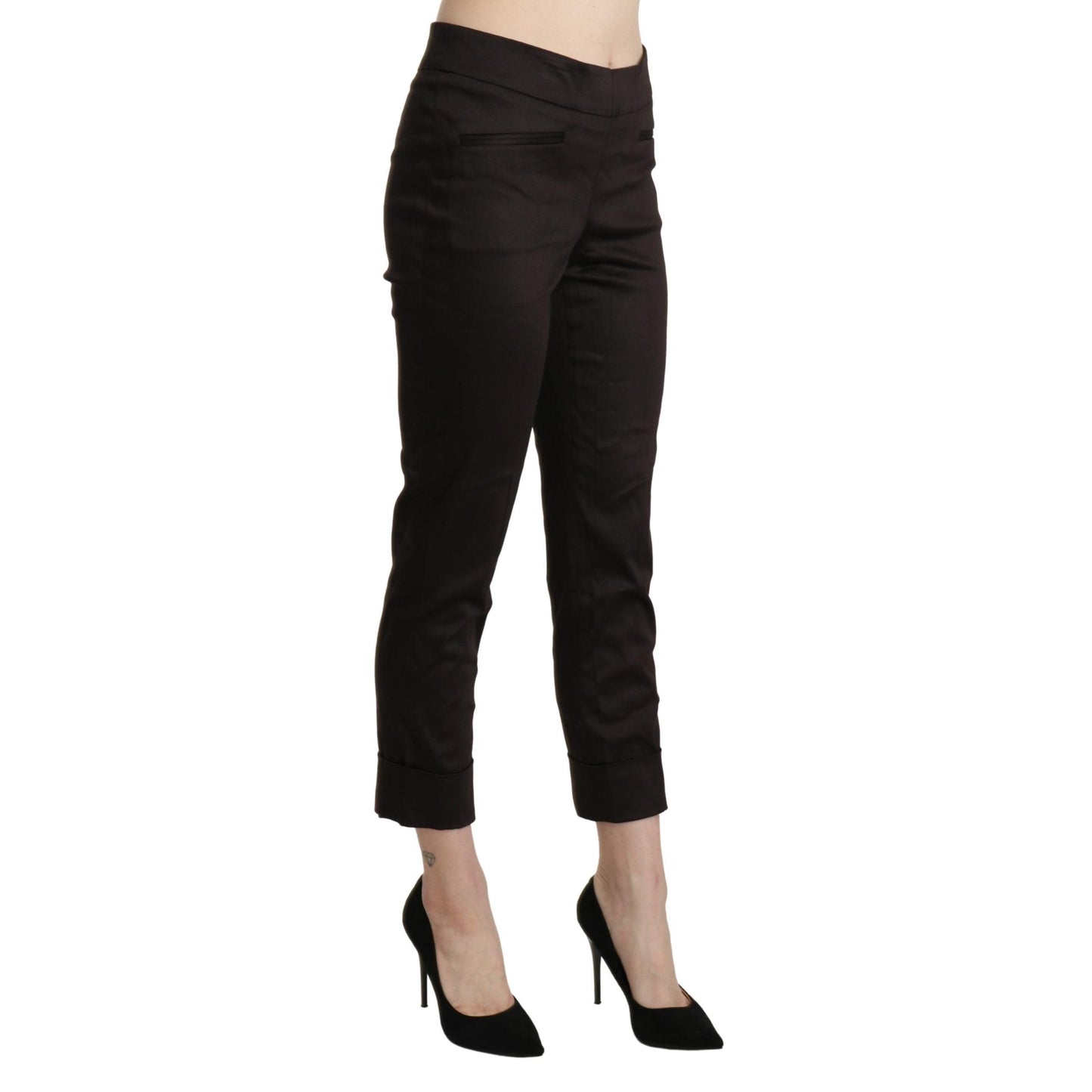 Brown Mid Waist Skinny Cropped Dress Trouser Pants