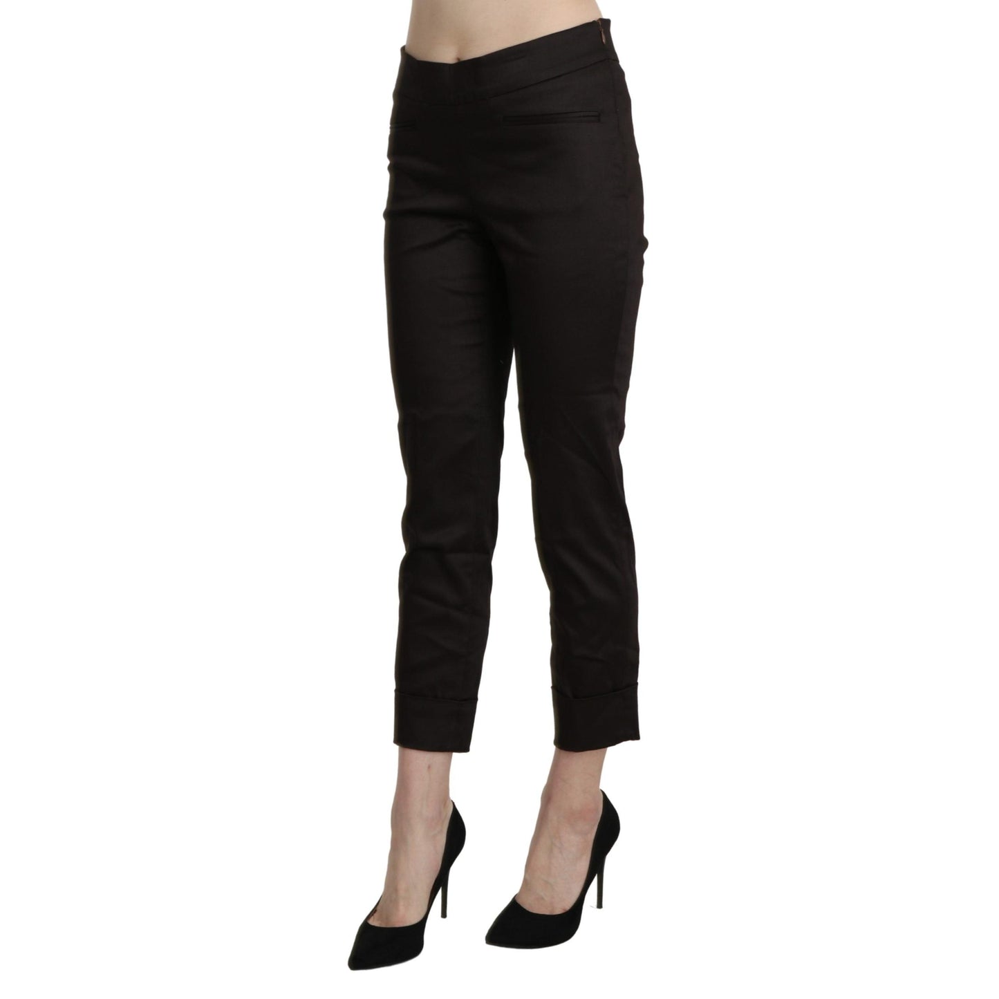 Brown Mid Waist Skinny Cropped Dress Trouser Pants