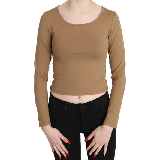 Brown Round Neck Long Sleeve Slim Crop Top Blouse