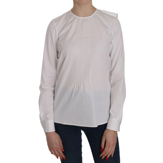 White Crew Neck Long Sleeve Cotton Blouse