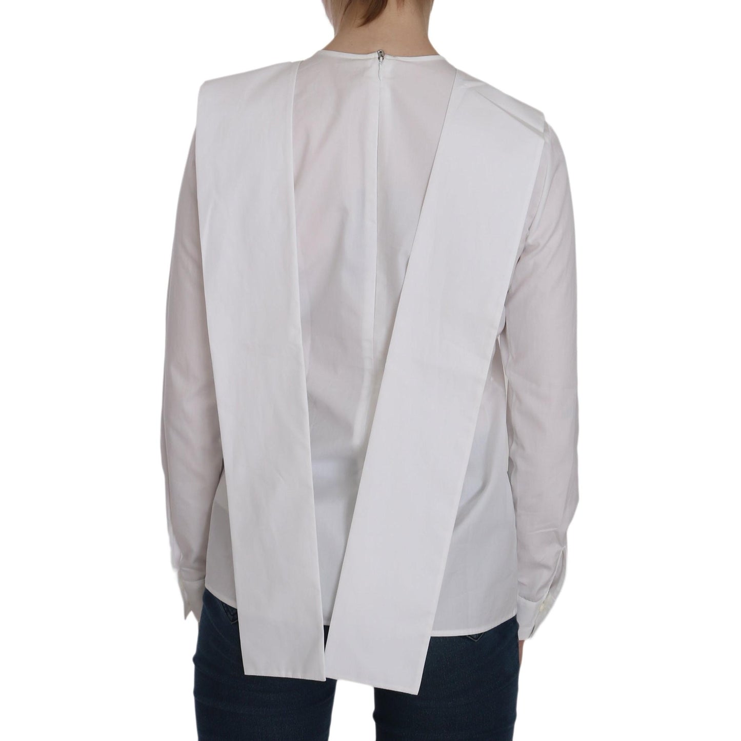 White Crew Neck Long Sleeve Cotton Blouse
