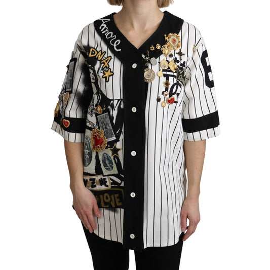 White and black Blouse Cotton Crystal Charms Amore Shirt