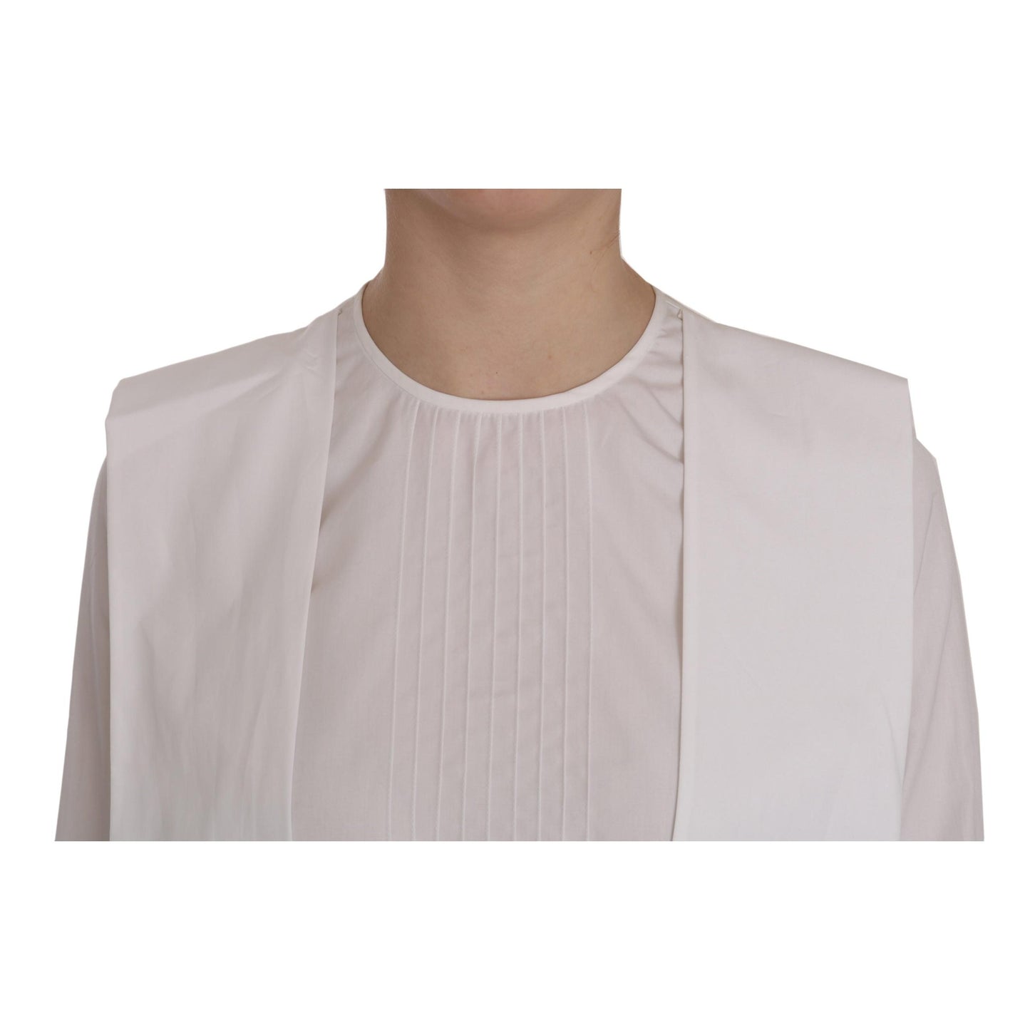 White Crew Neck Long Sleeve Cotton Blouse