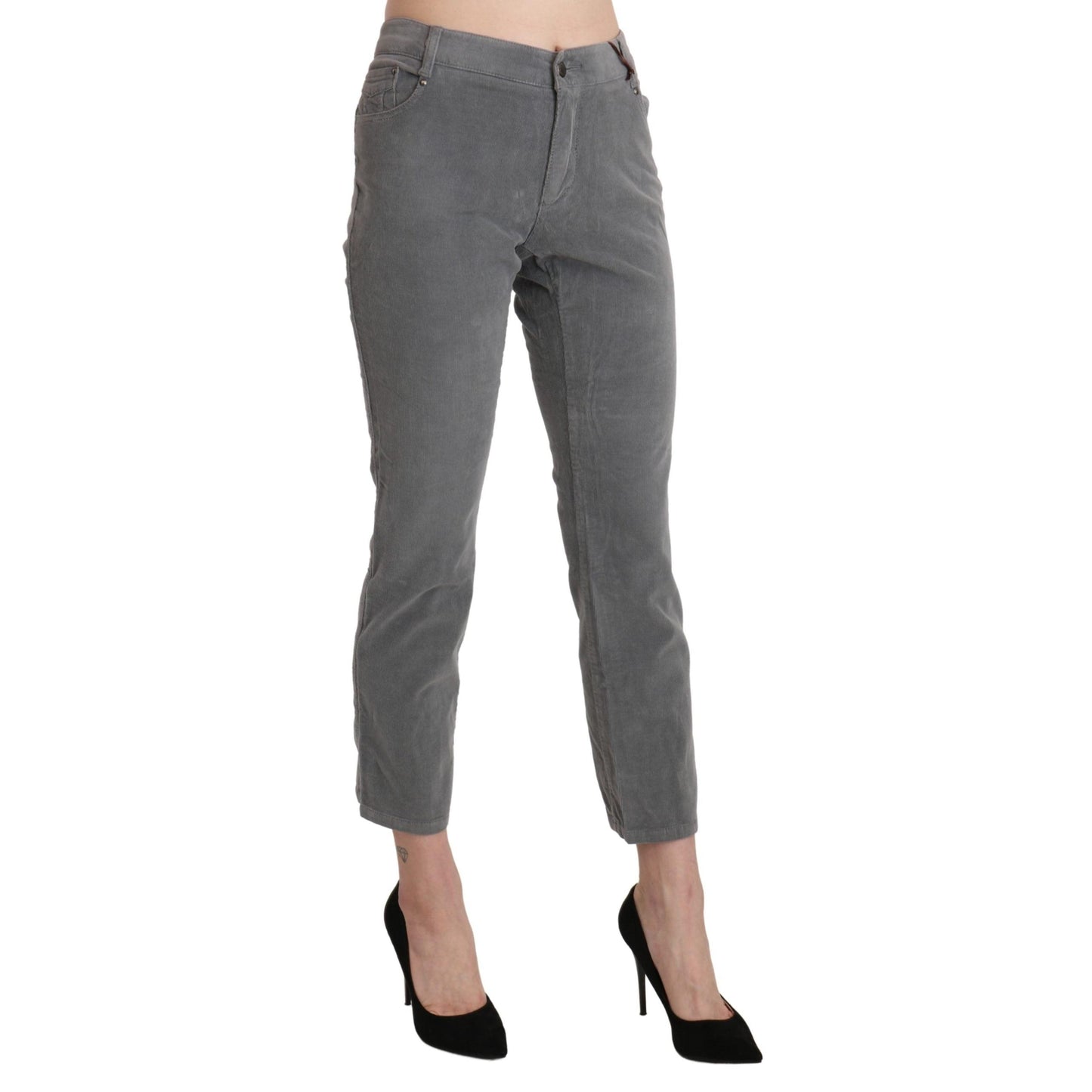 Gray Cropped Cotton Stretch Trouser Pants