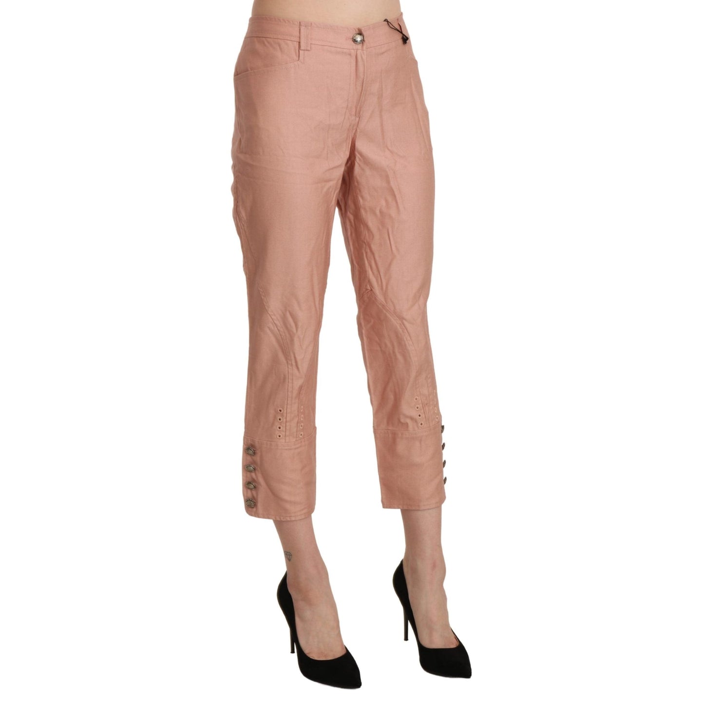 Cotton Pink High Waist Cropped Trouser Pants