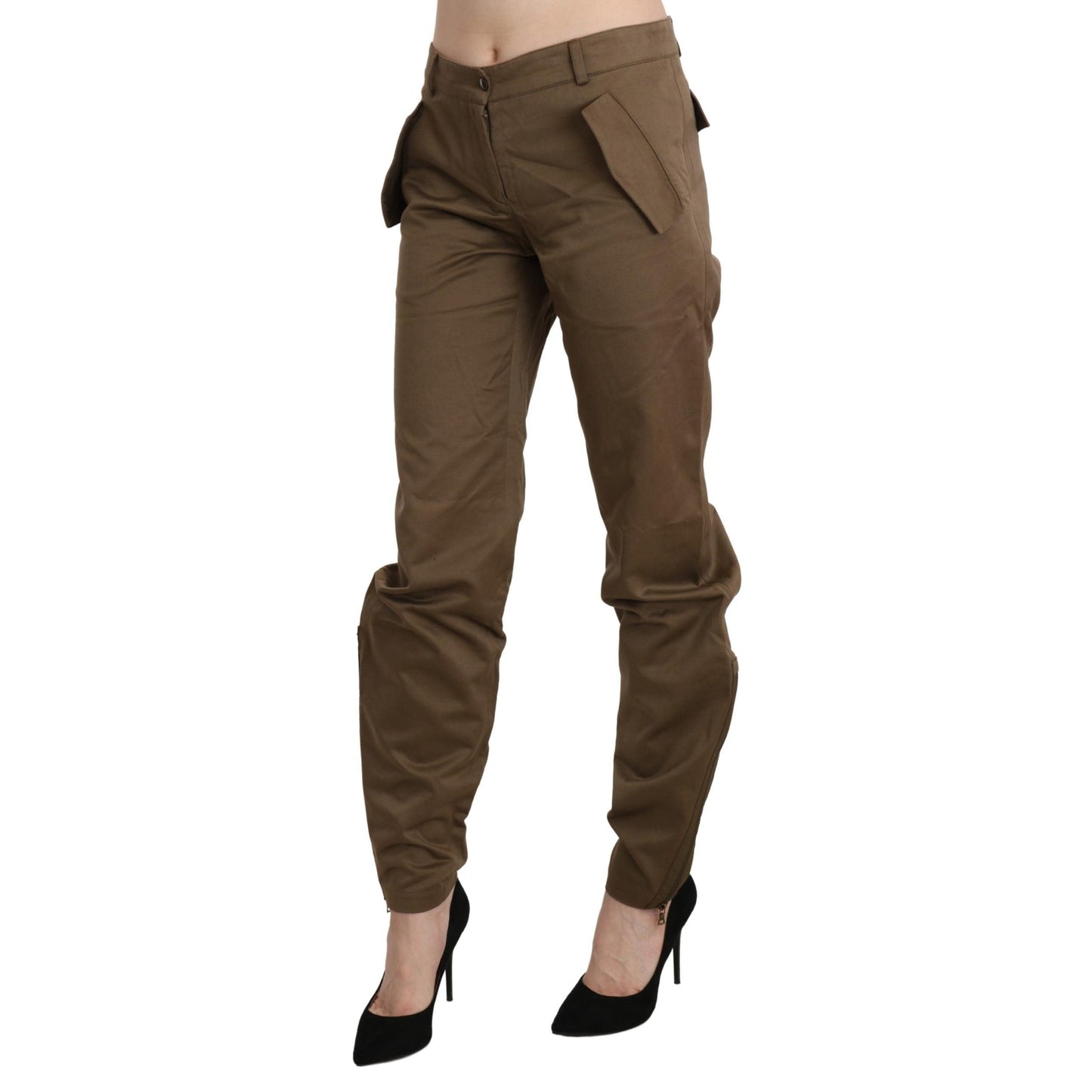 Brown Mid Waist Straight Cotton Pants