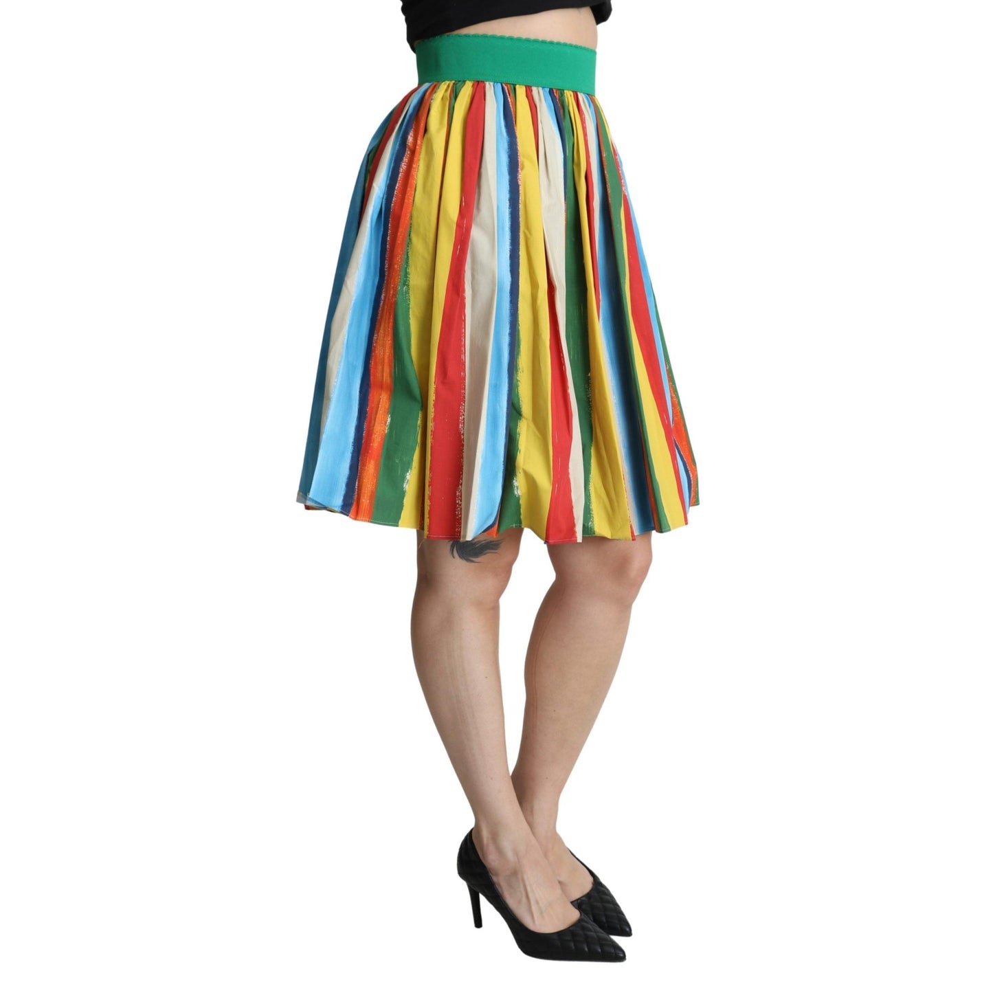 Multicolor Pleated Striped A-line High Waist Skirt