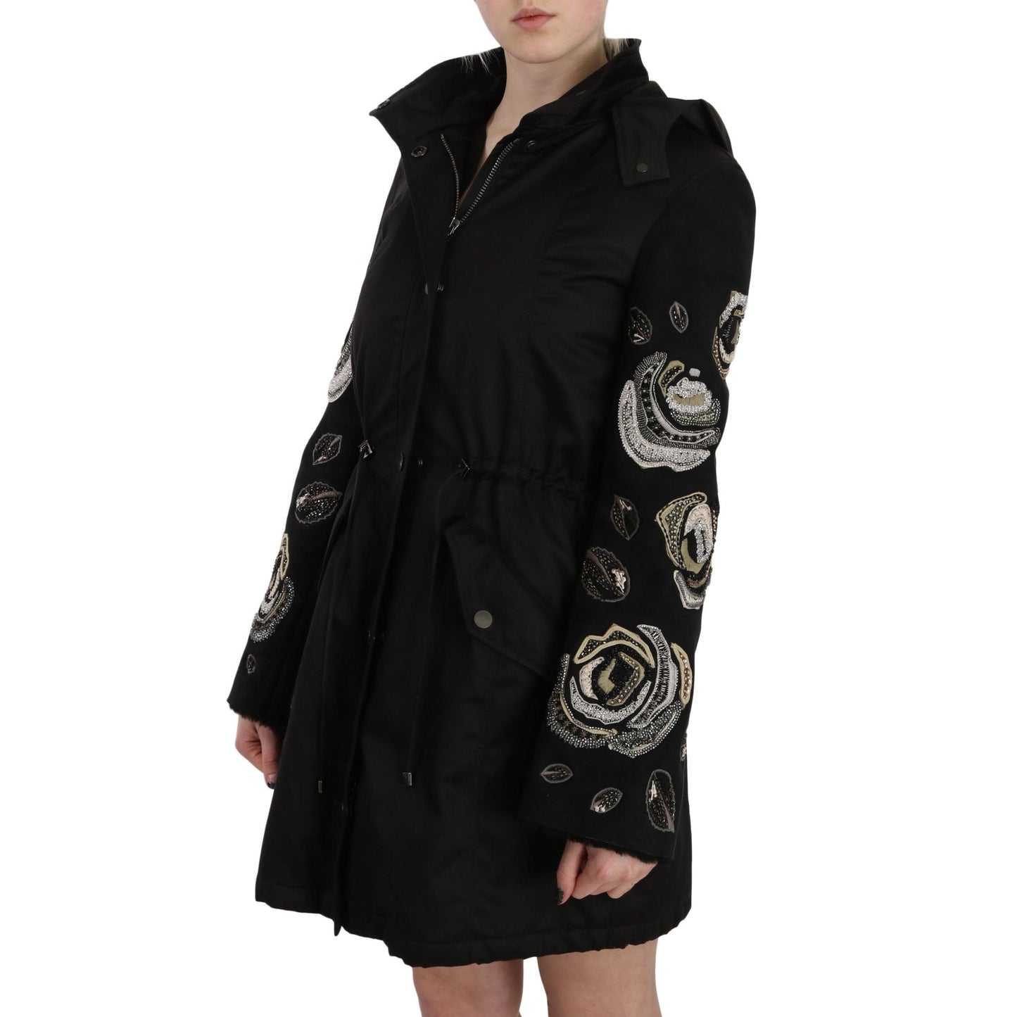 Floral Sequined Beaded Hooded Jacket Coat